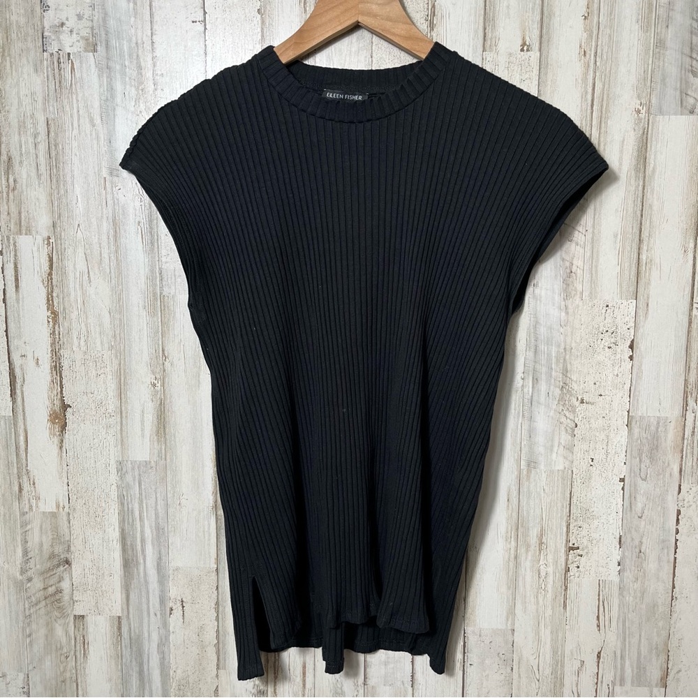 Eileen Fisher Black Ribbed Top‎ Stretch Womens Size Small